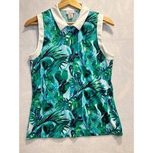 Sleeveless Golf Top Women's Palm Leaf Print White Collar Casual Active